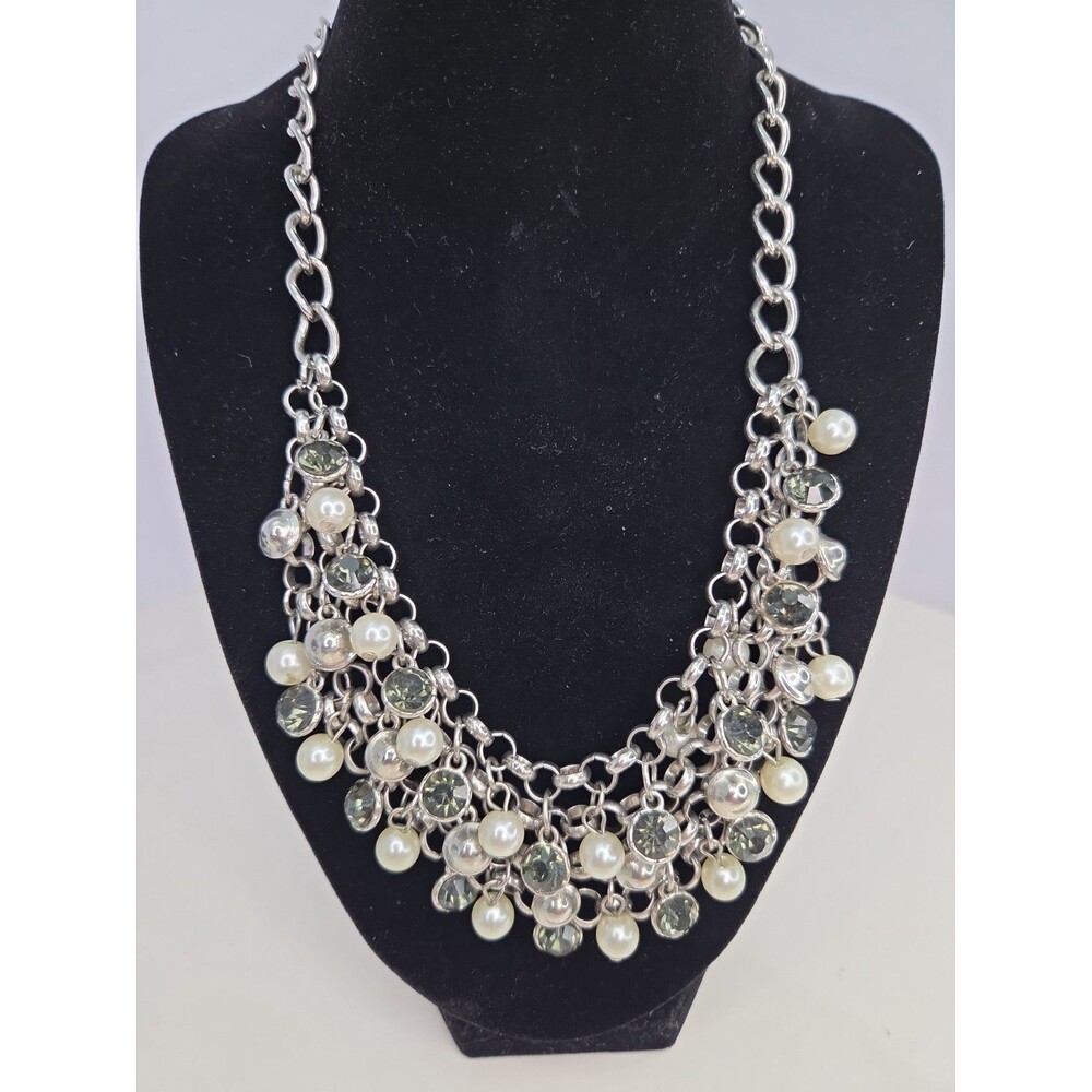NY Brand Grey Rhinestones & Faux Pearls Silvertone Metal Chain Bib Necklace 22"